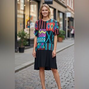 New! Vintage 80’s Colorful Geometric Pattern Dress, size 12